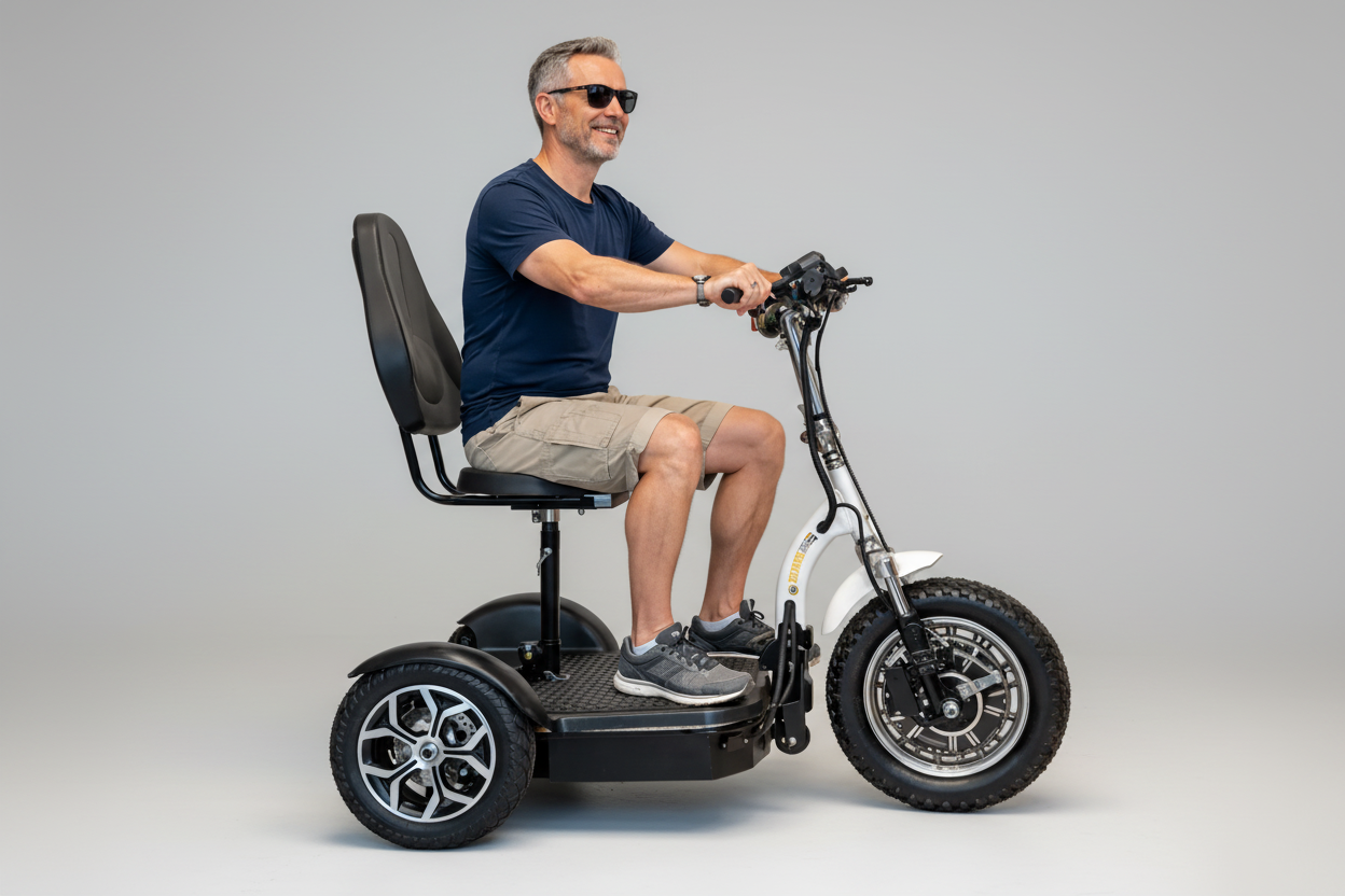 Man riding a mobility scooter on a white background