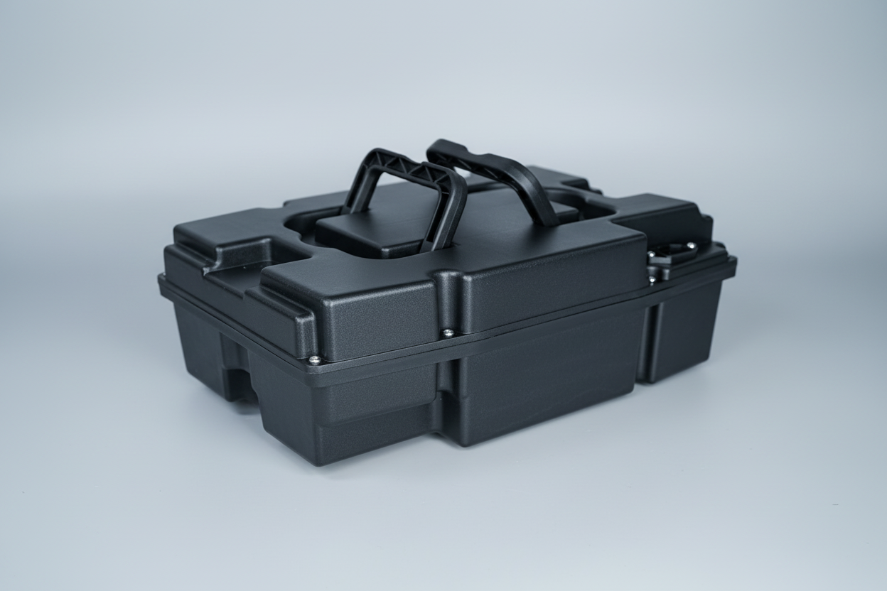 Black portable storage case with handles on a white background
